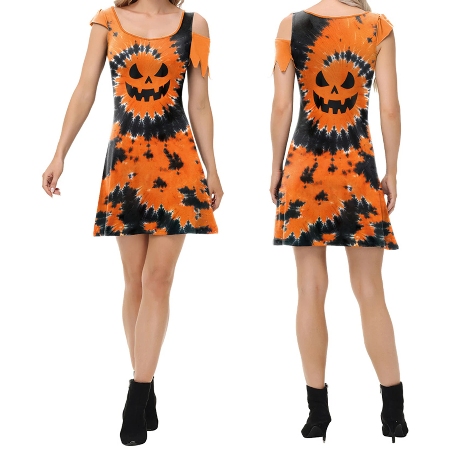 

Женское мини-платье с принтом тыквы на Хэллоуин и принтом тай-дай с асимметричным вырезом на плечах, квадратным вырезом и короткими рукавами, вечерние ночная рубашка трапециевидной формы