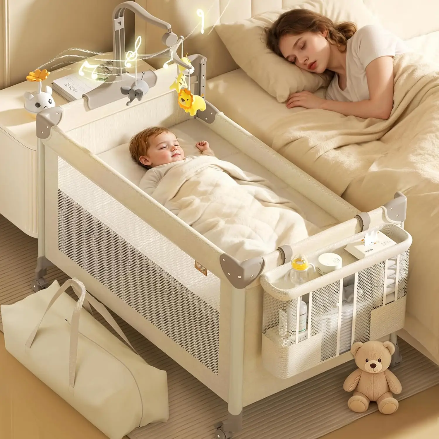 

4-in-1 Baby Playard, Pack and Play: 4-Level Height-Adjustable Bedside Bassinet, One-Touch Foldable Travel Crib with Changing