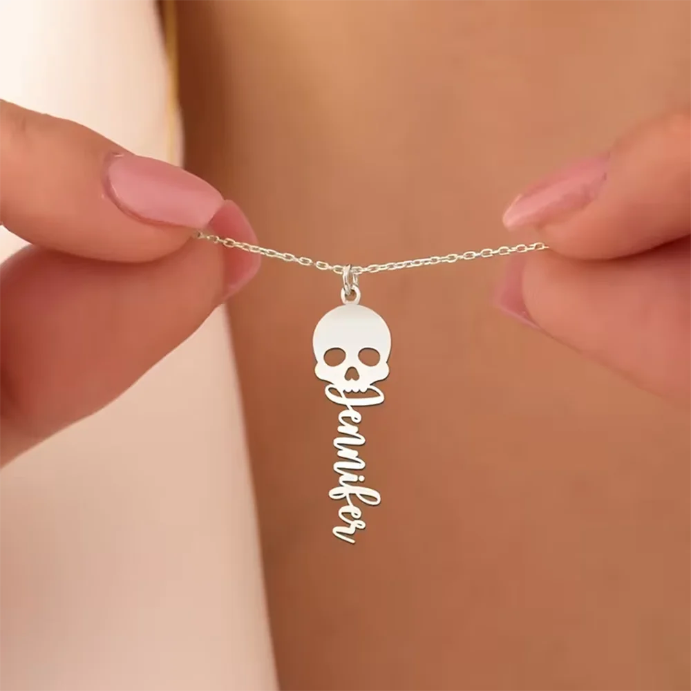 Custom Skull Vertical Name Necklace Personalized Punk 2026 Fashion Pendant Stainless Steel Gothic Jewelry Halloween Gift Women