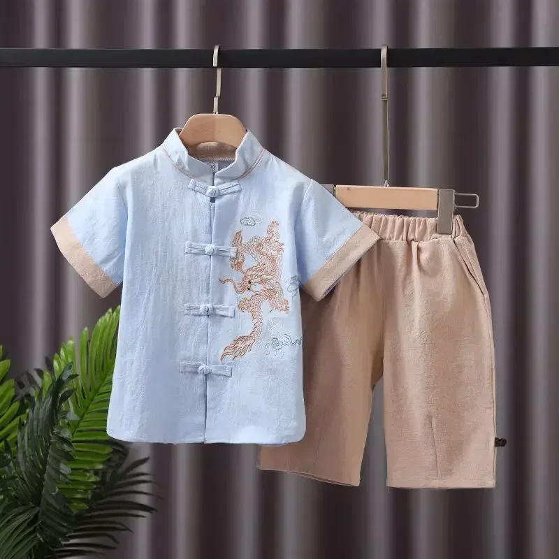 

Chinese Cotton Stand Collar Crane Embroidery Short Sleeve Tang Suit Top Pant Boys Children Tai Chi Kleding Clothing 9cm-140cm