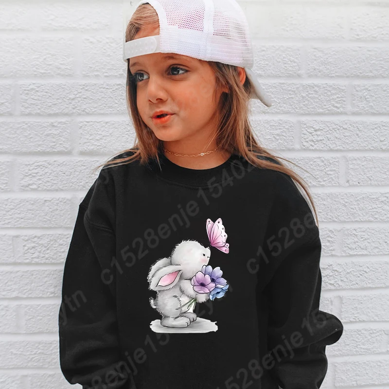 Rabbit Flower Butterfly Print Sweatshirts For Children Autumn And Winter Casual Sports Girls Round Neck Hoodeless Pullovers Tops