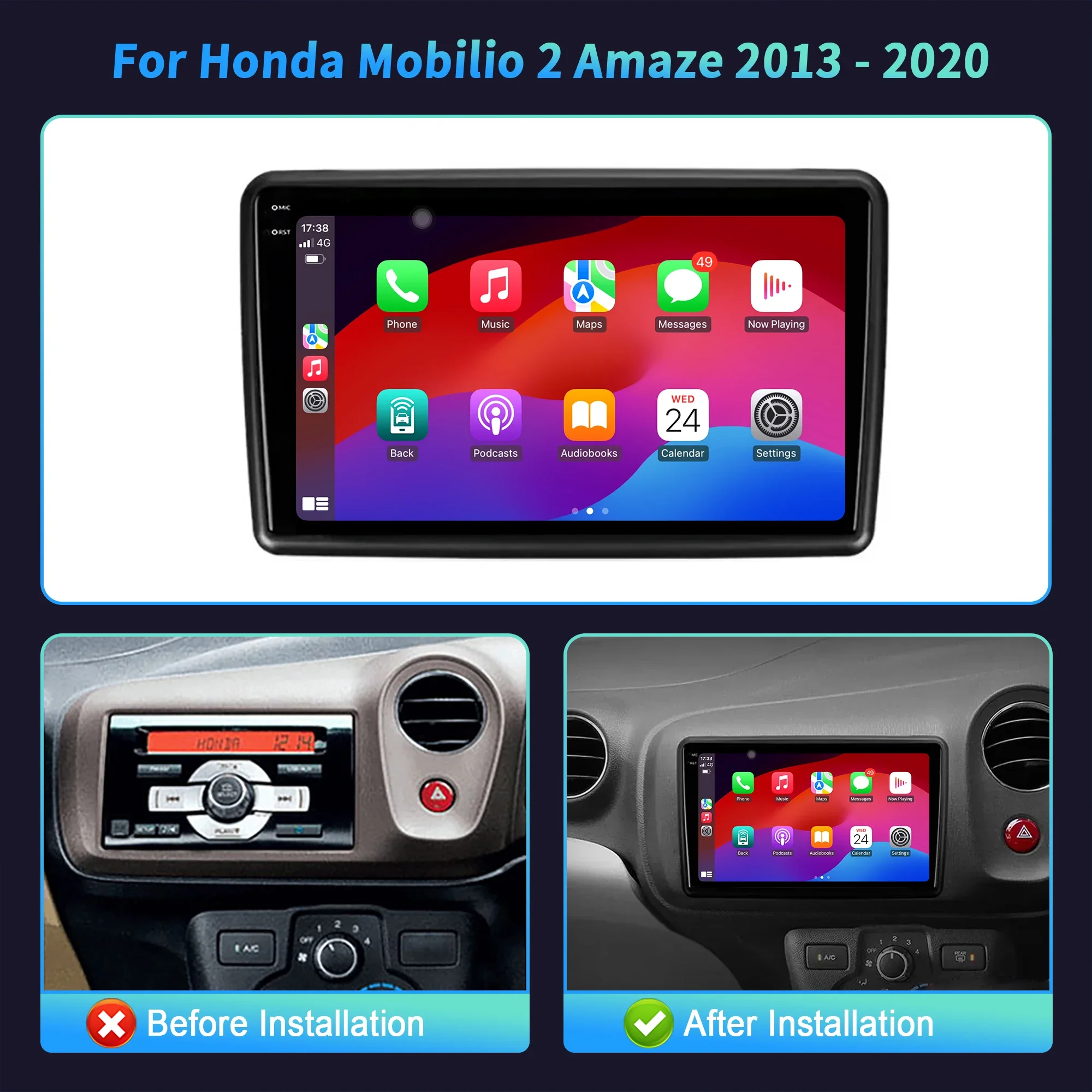 9inch Android 16 Car Radio Carplay  For Honda Mobilio 2 Amaze 2013-2020 Multimedia Navigation 2K QLED Screen