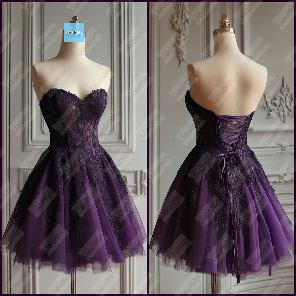 

Purple Tulle Strapless Black Lace Applique Knee Length Evening Prom Wedding Formal Dress Lace-up Back Customized Made A7-1.75