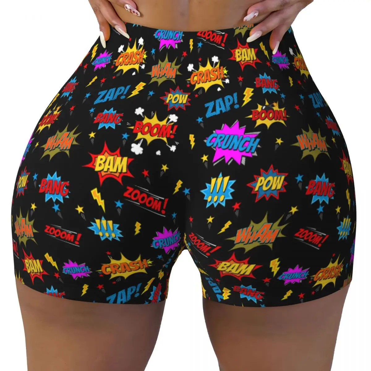 

Custom Comic Book Sound Effects Pattern Gym Running Volleyball Shorts Women Workout Yoga Shorts