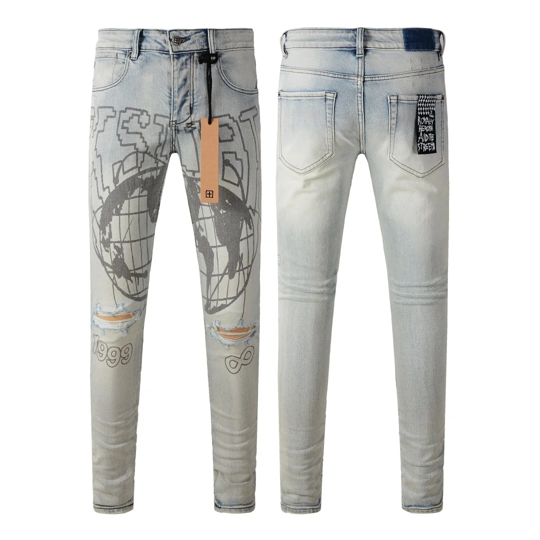 Retro Men Jeans KSUBI Cross Paint World Hole Trend Low Rise Skinny Denim Pants Pleated Ripped Frayed Trousers 3013