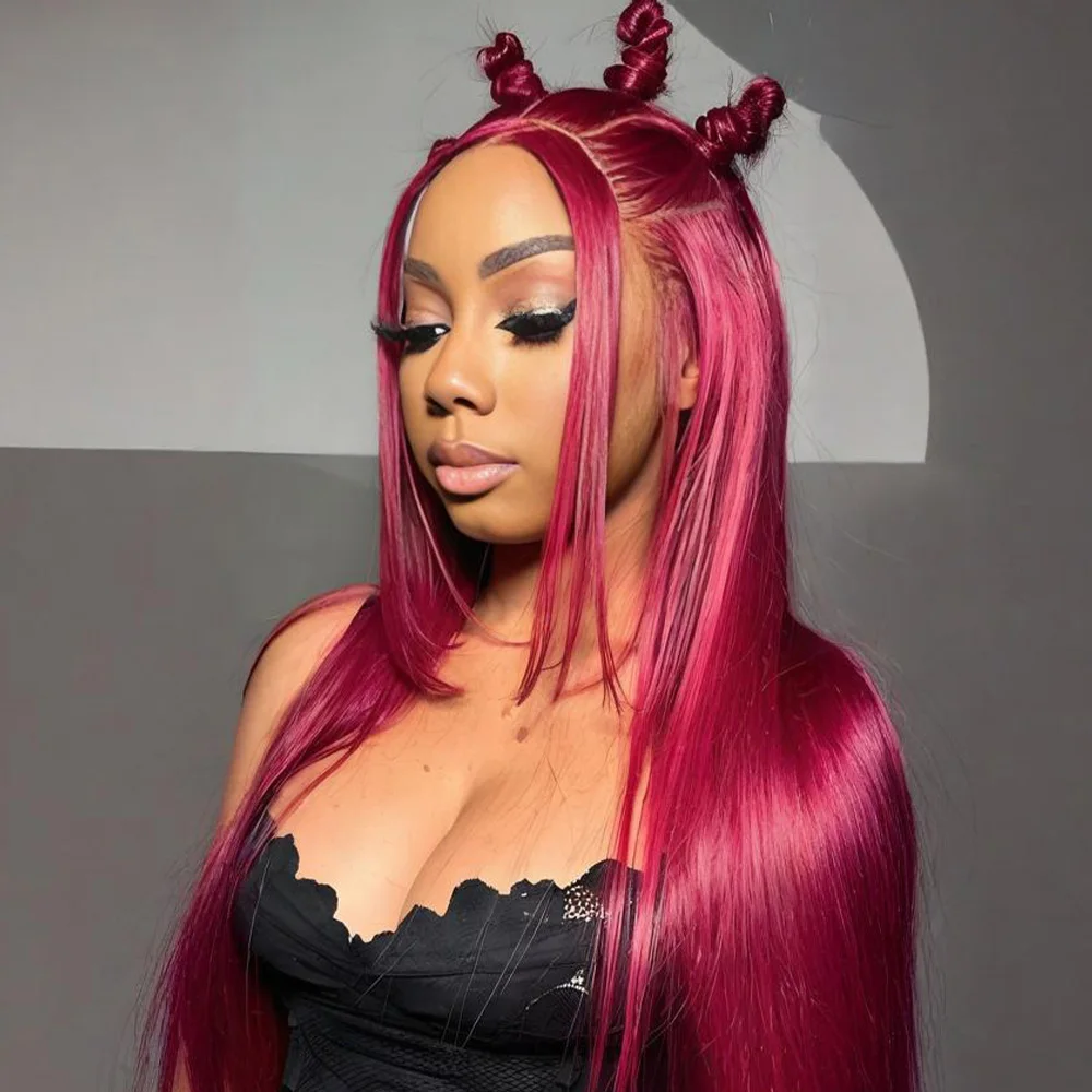 

40 Inch Straight 99J Colored 13x6 Lace Frontal Wig Human Hair Brazilian Burgundy 13x4 HD Transparent Lace Front Wigs For Women