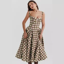 Soolasea Palace Style Plaid Print A-line Dress Women Spaghetti Strap 2024 Spring Summer Dress Elegant Midi Long Party Dresses