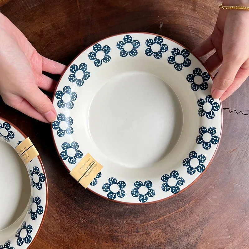 Japanese retro salad pasta deep plate, small blue flower ceramic soup rice ramen plate, household round back dish plate