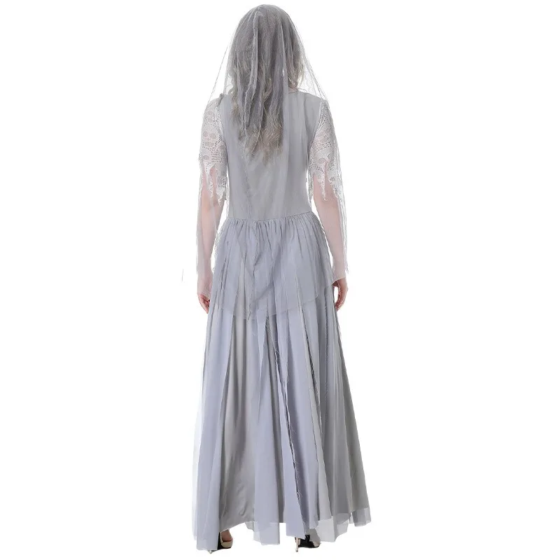 2024 Halloween Costume Ghost Bride Witch Cosplay Dress with Veil Skull Printed Evening Gowns cosplay Stage Performance Costumes