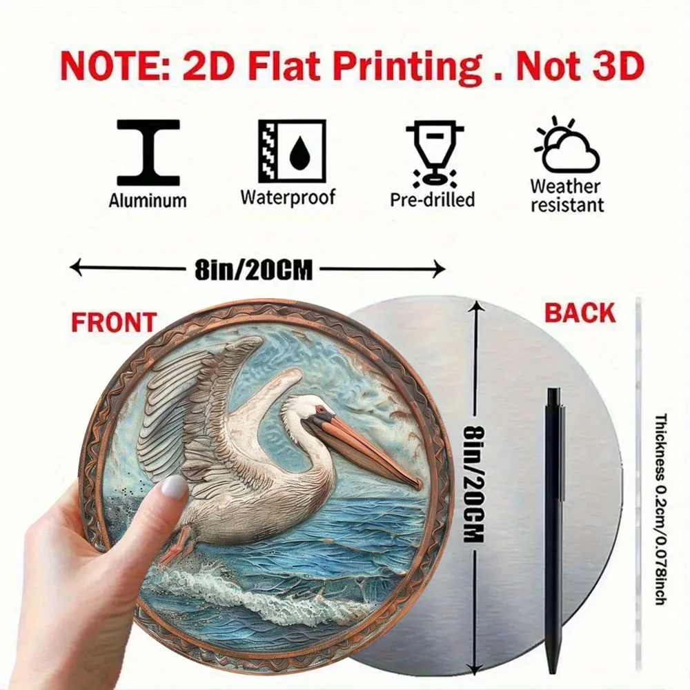 2D Flat - 2D Plane, 1pc Large Pelican Decor - Heavy Duty Metal Wall Art, Brown/Blue/Golden Coastal Bird Design - Elegant Cylindr