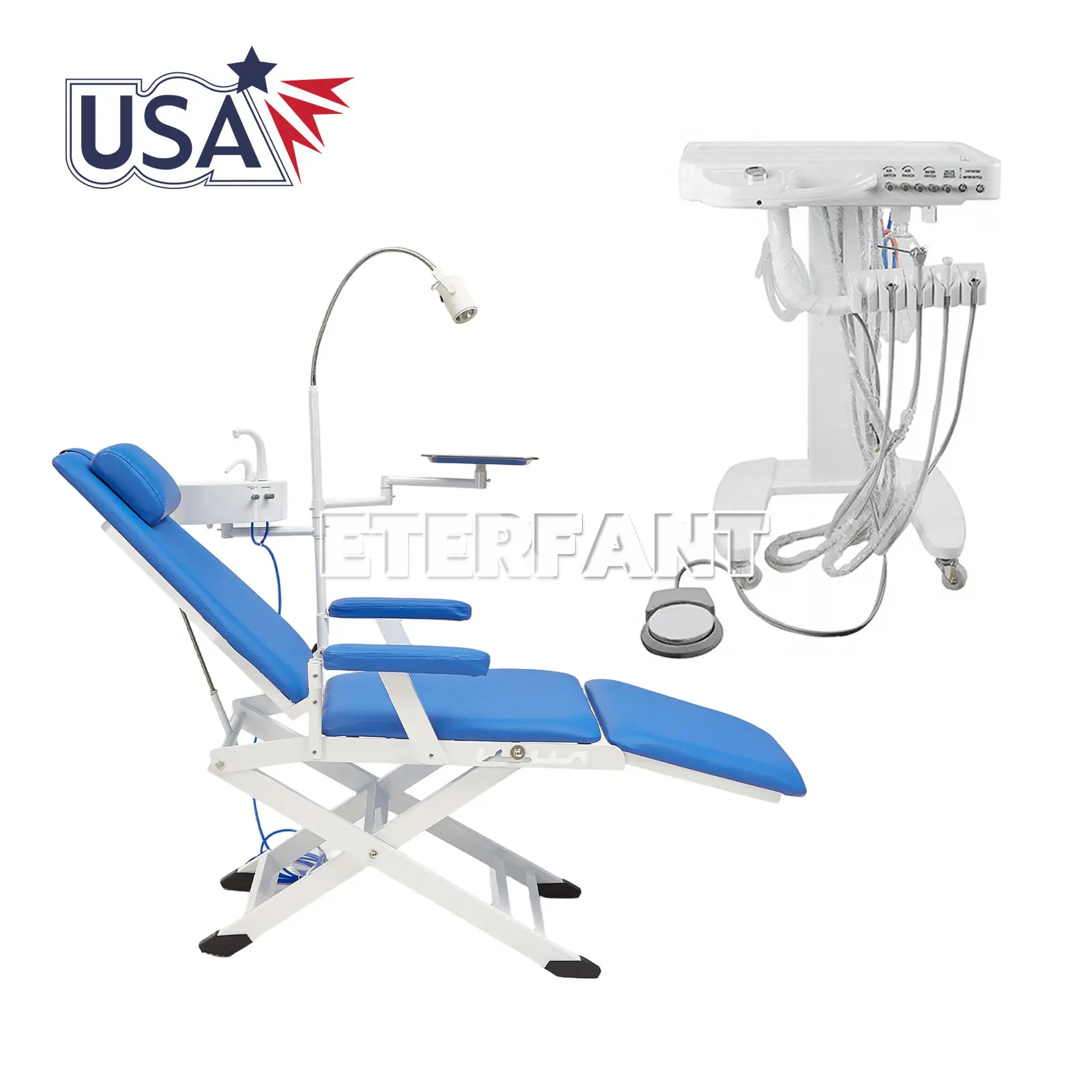 

Портативное стоматологическое кресло-тележка для осмотра и лечения с LED-лампой, столиком и компрессором (4 часа работы), система для выездной помощи, модель US