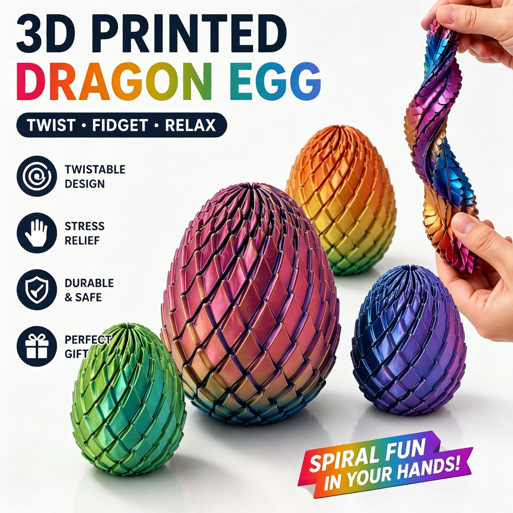 3D Printing Dragon Twisted Egg 5.7CM Stress Relief Toy Fidget Gadget Stress Relief Desktop Ornament Home Deformable Creative