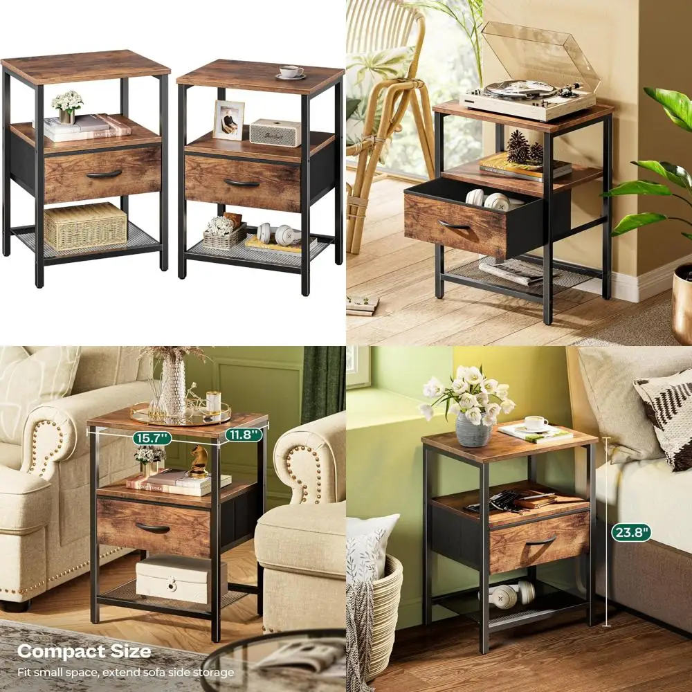 

пара тумбочек для хранения: тканевые ящики, сетчатые полки, приставные столики.