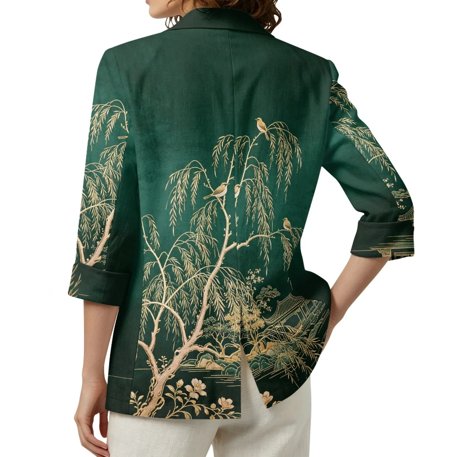 PENSTROLL Open Front Linen Style Fall Jackets Lightweight Open Front Blouse for Vacation Green Bird Branch