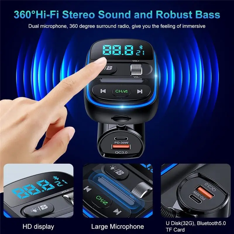 Spare Parts Bluetooth FM Transmitter For Car, Stronger Hifi Bass Microphone, PD 30W+QC 3.0 Adapter With 7 Colors LED-A02G - Image 3