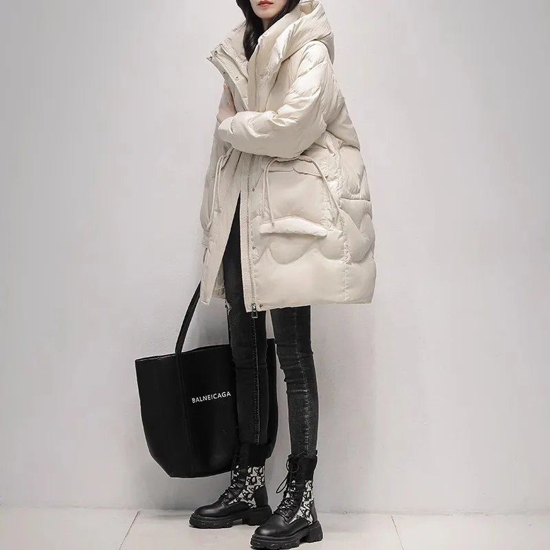 Black Down Jacket Women\'s 2023 Winter New Korean Loose Fashion 90%White duck down Coat Female Warm Hooded Puffer Parkas Overcoat