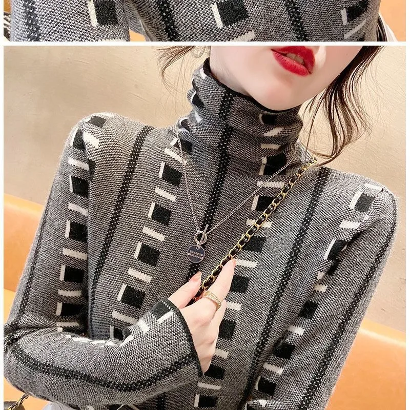 Women\'s Pullover Stacked Neck Striped Plaid Knitwear Autumn and Winter New Fashion Thickened Long Sleeve Jacquard Sweater Tops