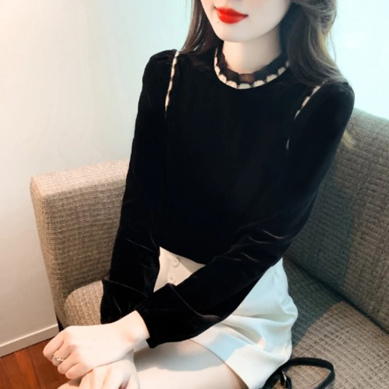 

Spring Fall Women Ruffled Collar Lace Patchwork Black Velvet Top Shirt , Woman Clothing Slim Sweet Ladies Velour Tops Shirts