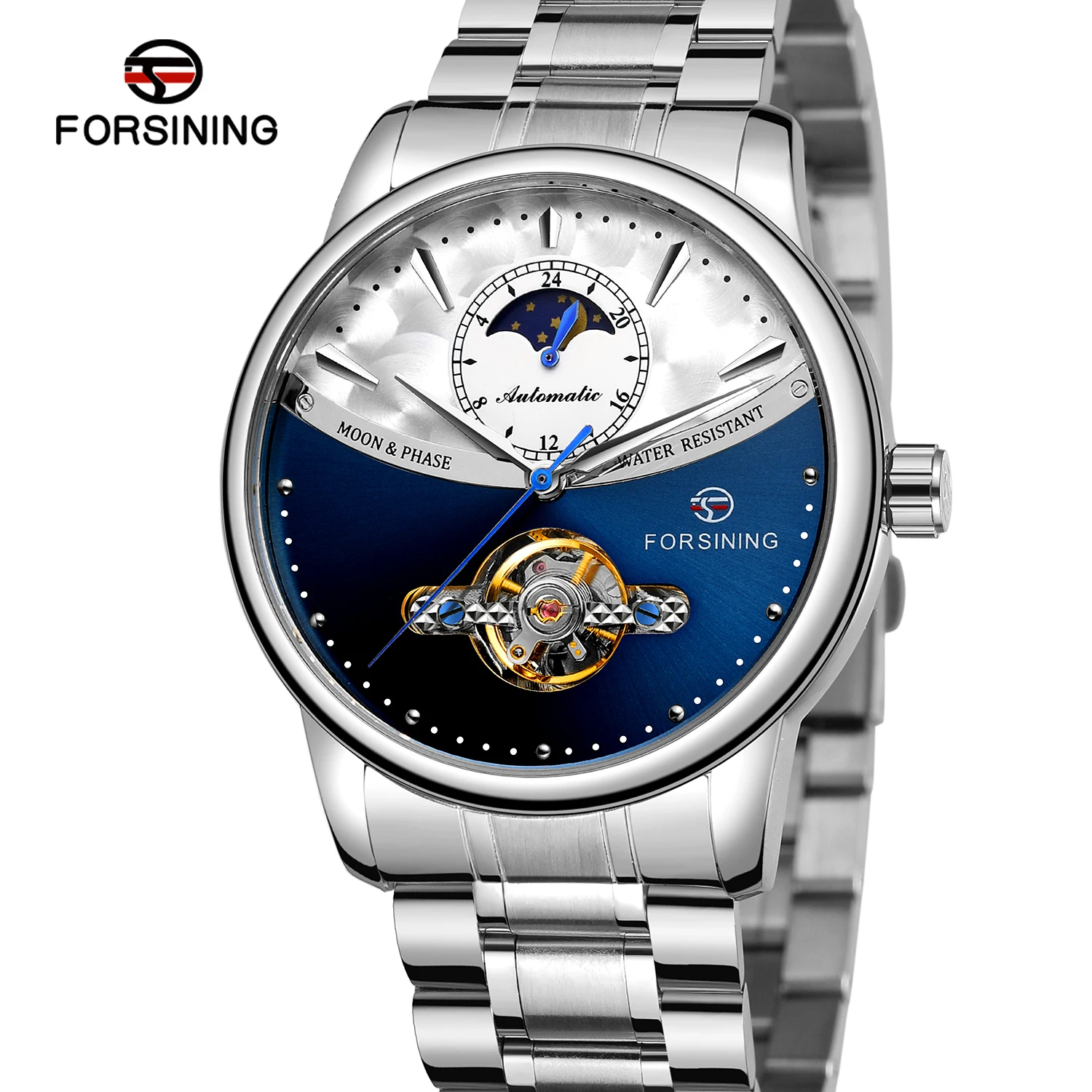 FORSINING Silver Watch Moon pattern Flywheel Mechanical Watch Steel Strap Wrist Watch Men's and women's Watch