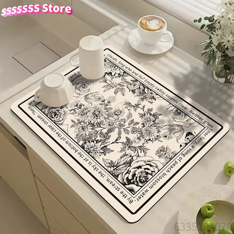 Purchase  Tableware Drying Mat, Retro Stylish Draining Mat, Floral Pattern Drying Mat, Minimalist High-End Printed Draining Mat,