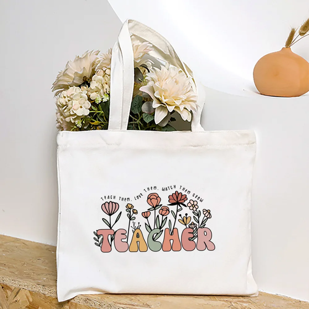 Floral Teacher Pattern Print Tote Bag Women Reusable Casual Eco Cloth Bag Teacher Appreciation Gift Best Teachers Day Gift