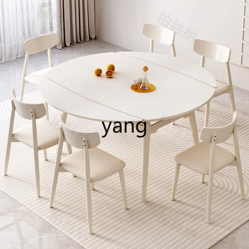 LH cream wind solid wood rock slab dining table household retractable dining table can be square and round dual-purpose dining