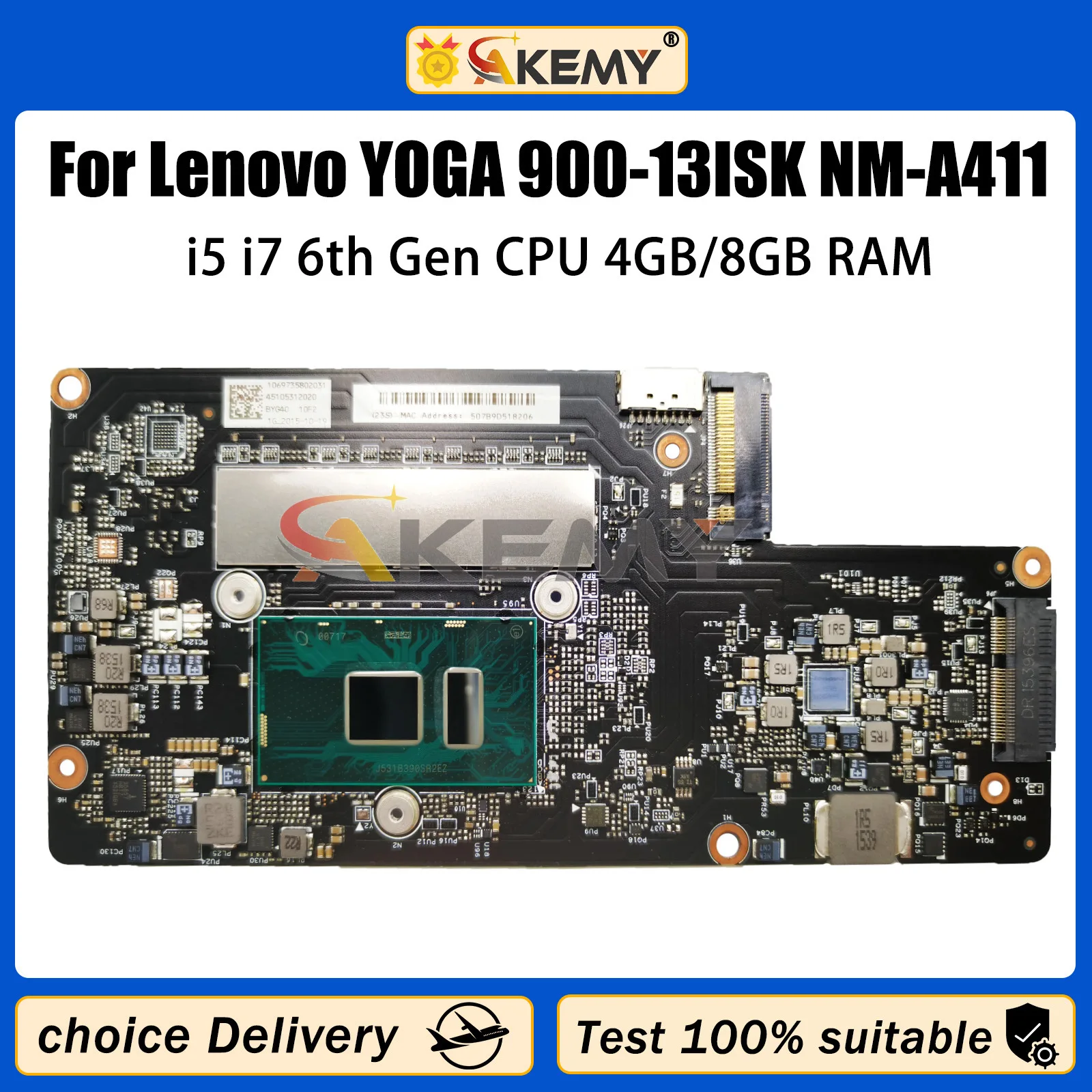 

AKEMY For Lenovo YOGA 900-13ISK Laptop Motherboard BYG40 NM-A411 With I5-6200U I7-6500U CPU 4GB/8GB RAM FRU 5B20K48435