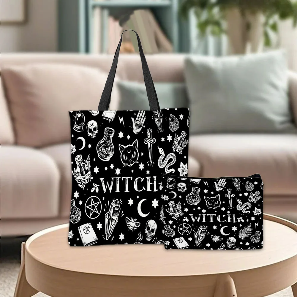 

Модная большая сумка с принтом готического кота, косметичка, практичная комбинированная сумка для хранения покупок, дорожная сумка в стиле ретро с загадочной тематикой