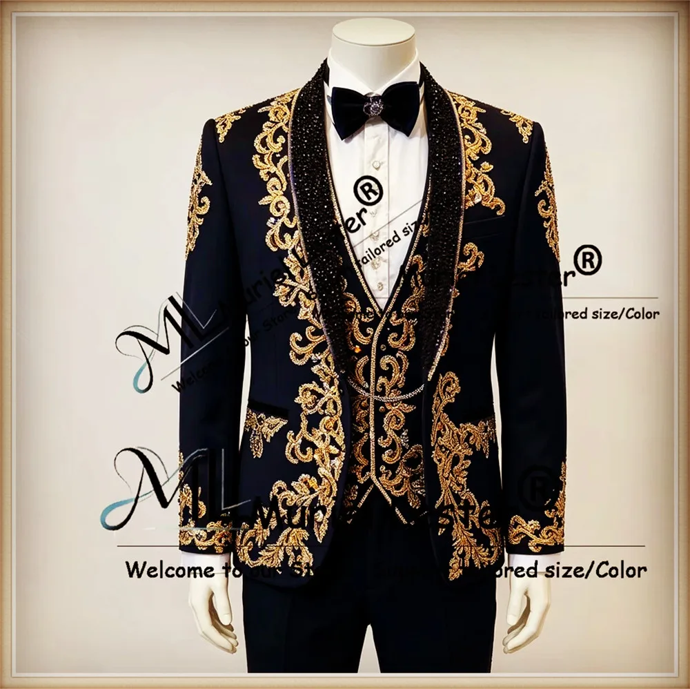 Exquisite Groom Wedding Suits Sparkly Sequins Label Prom Blazers Customized 3 Pieces Sets Man Banquet Tuxedos Beading Outfits