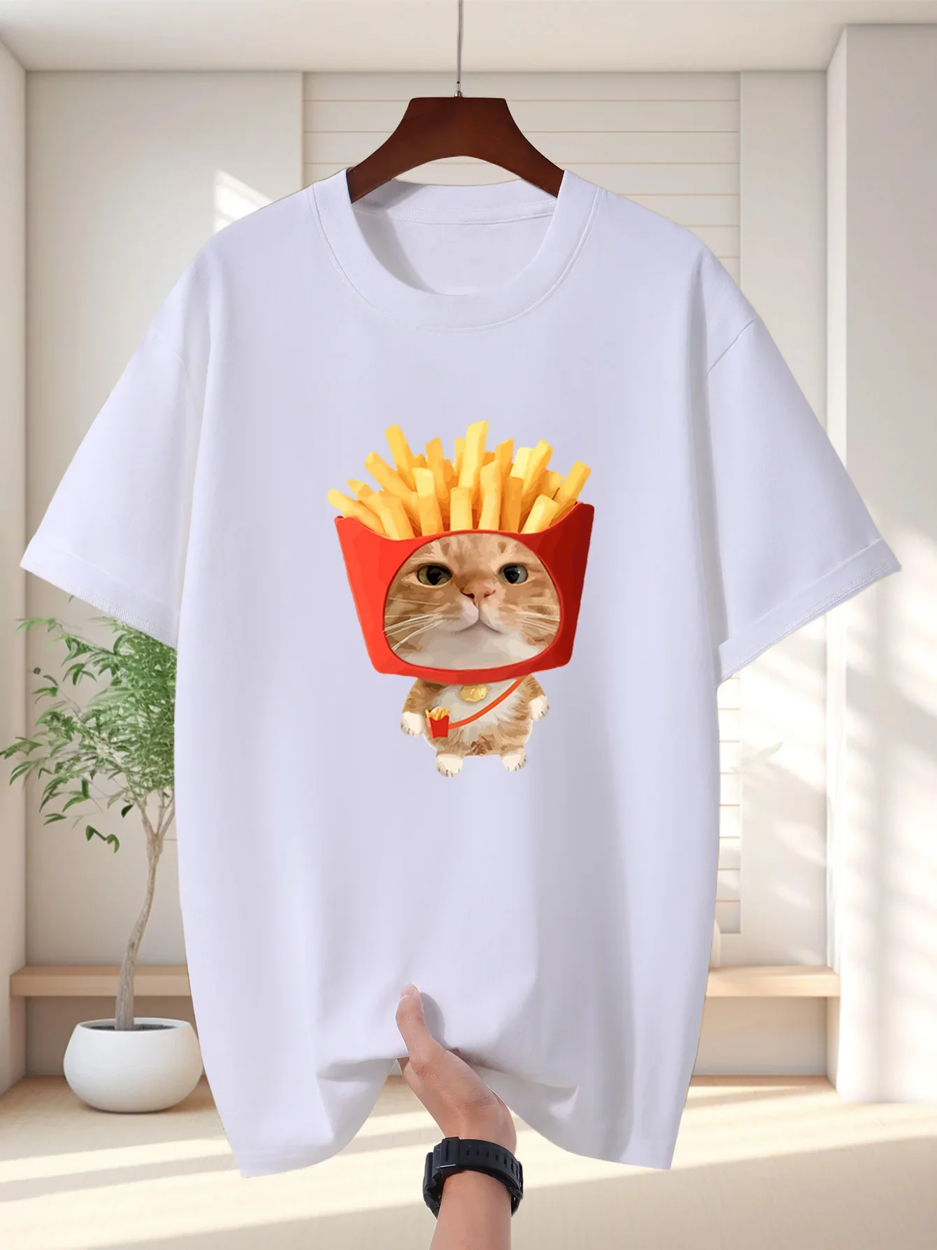 Men T Shirt Cute Fries Bucket Orange Cat Graphic Tee Funny Food Pet Print Short Sleeve O Neck Loose Casual Top Summer Streetwear