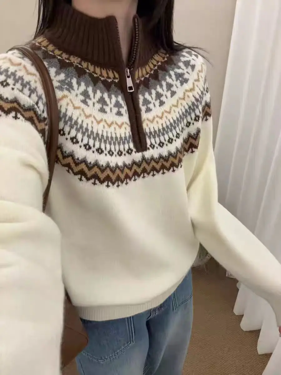 TLOML Retro Women's Wool Mock Neck Fair Isle Jacquard half-zip pullover Long-Sleeved Sweater Autumn Winter Wool Knit Casual Tops