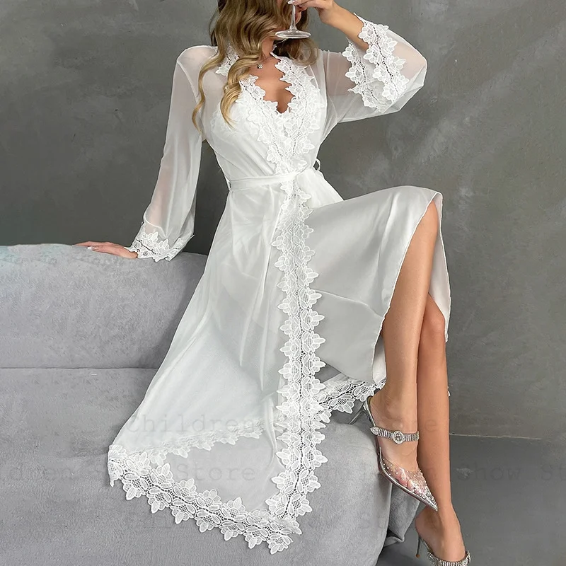 White Mesh Wedding Robe Satin Chemise Sleepwear Elegant Vestidos De Novia Long Party Dress Set Women Lingerie Bathrobe Suit