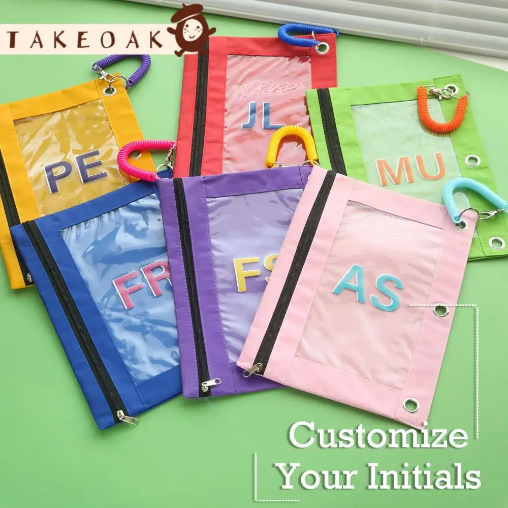 Custom Initial Pvc Window Zipper Pouch with Spring Coil Wrist Strap Personalized Clear View Makeup Cosmetic Bag Document Storage