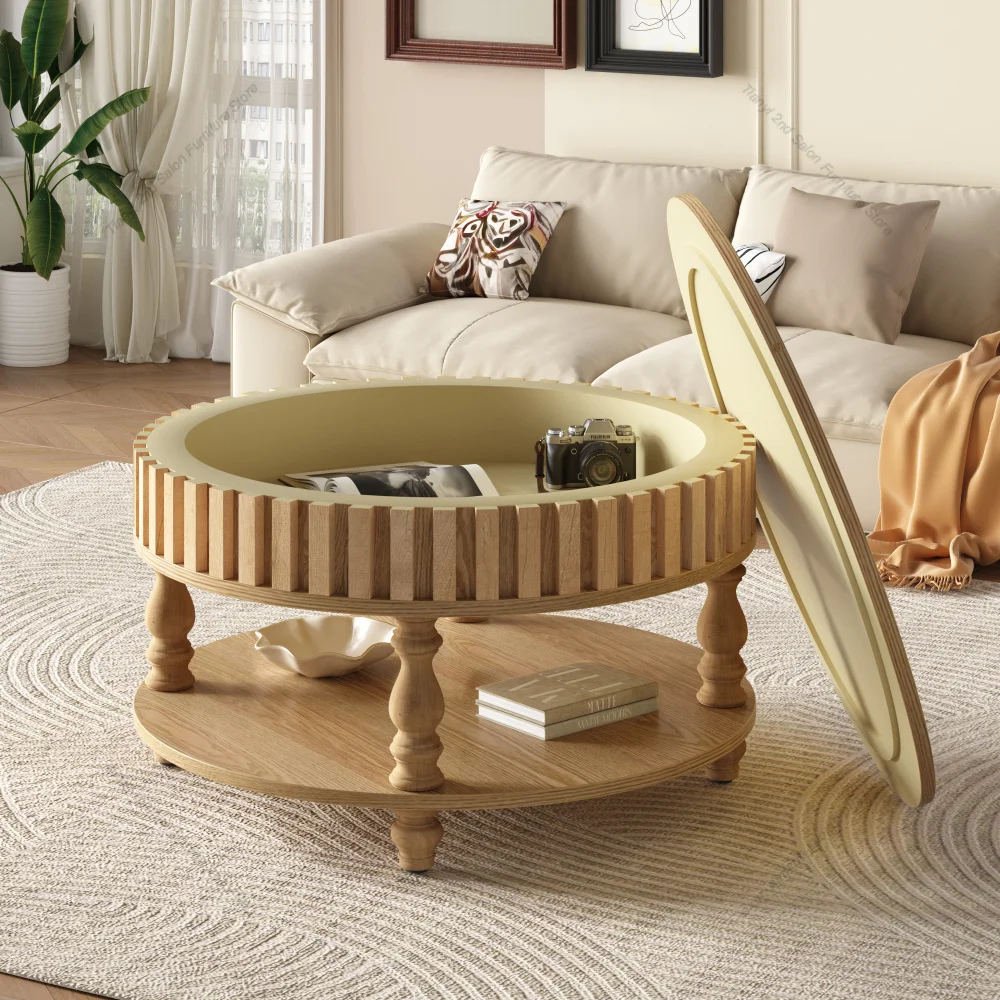 Mid Century Modern Center Table Natural Wood Finish Fluted Coffee Table with Flip-Top Lid Solid Wood Legs Coffee Table Storage