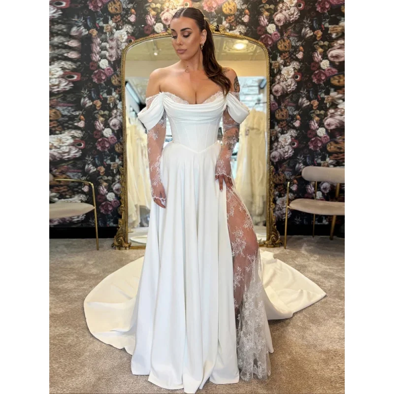 Fancy Chiffon Wedding Dress for Bride Aline Off the Shoulder Strapless Brush Train Appliques Vestidos Customised