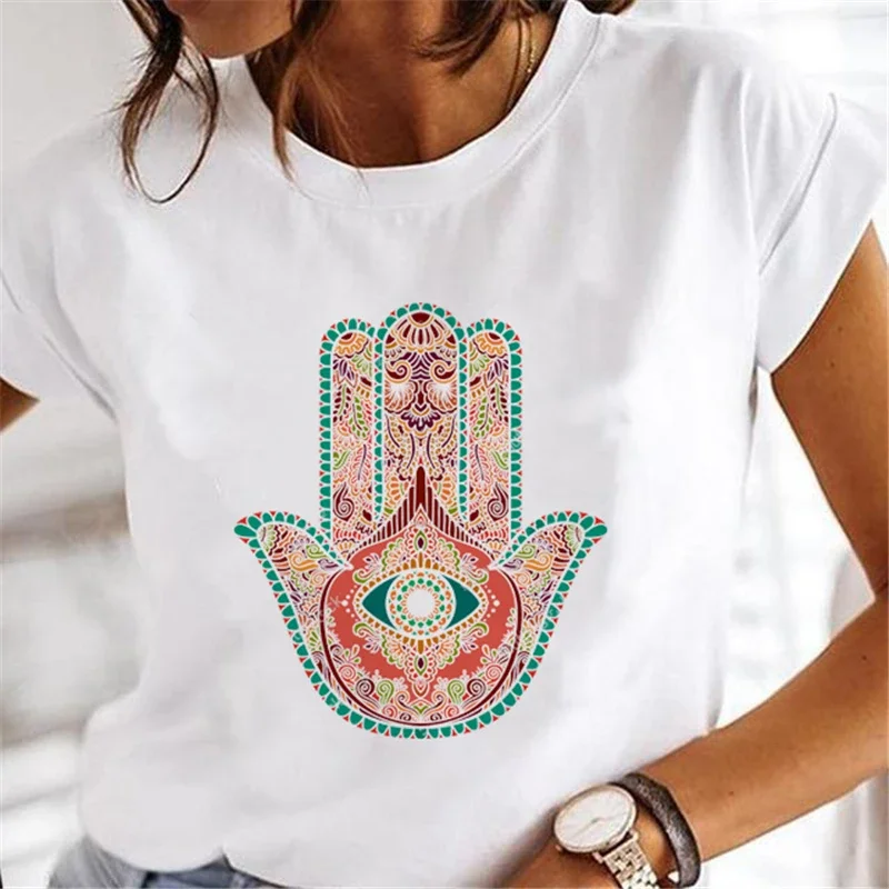 Sommer neue 90er Jahre Kurzarm Sommerkleid Hand von Hamsa Fatima Print O-Ausschnitt T-Shirt Top Mode Frauen lustige weiße T-Shirt.