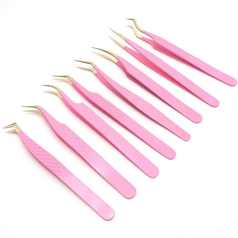 

YGirlash Own Logo Pink Stainless Steel Tweezers Eyelash Extension Pointed Nipper Clip Manicure Nail Art Tool