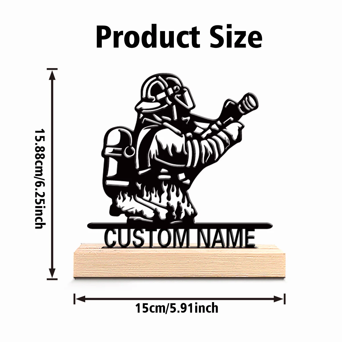 1pc Fun Personalized Custom Firefighter Metal Statues Wooden Base Wall Decor for Kitchen, Dining Room, Modern Rustic Home Style