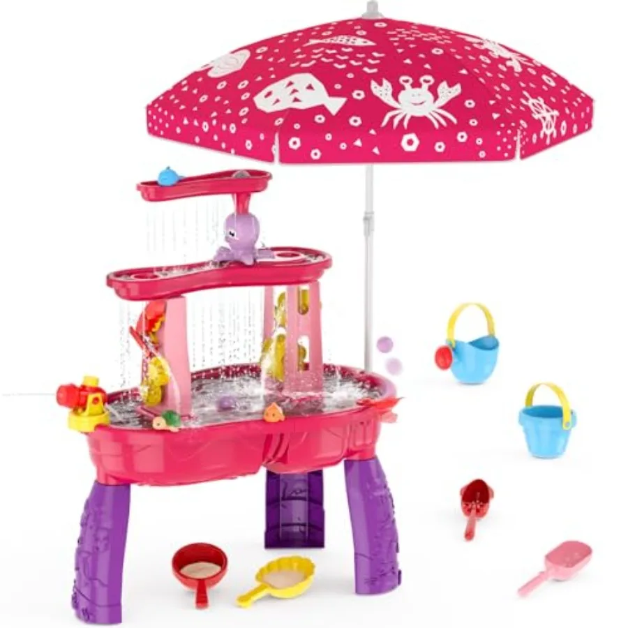 

Outdoor water table for toddlers 3-5, 3-tier splash sand table with umbrella and rain showers, red plastic sensory playset for