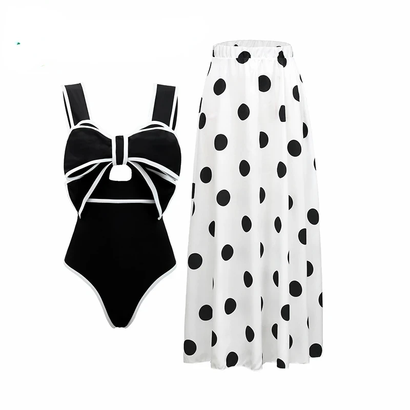 Bikini Set Black And White Colorblocked One Piece Swimsuit Women Swimwear Slim Fit Open-back Bow Design Bikini Dot Skirt