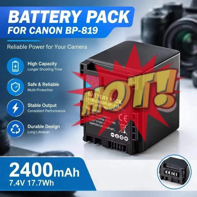 BP-819 Battery for BP-827 BP-809 BP-808 Canon HF M40 M41 M400 FS306 Camcorder Rechargeable Li-ion Replacement Power Pack