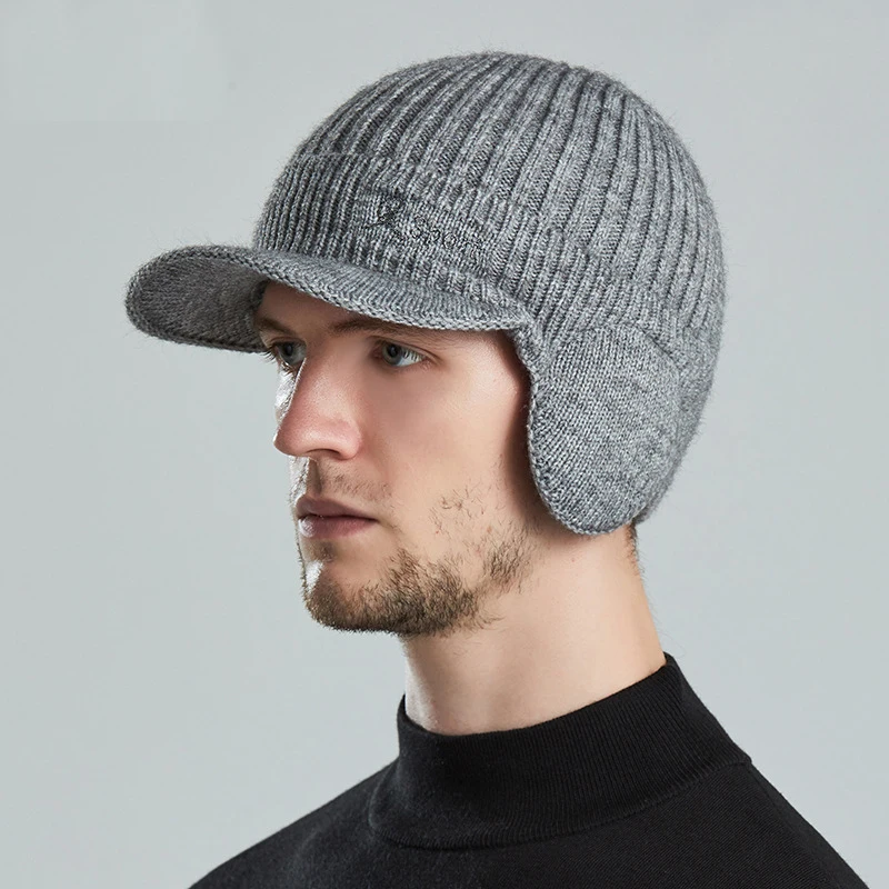 K268 Outdoor Woolen Cap Korean Version Men\'s Pullover Cap Warm and Thickened Duck Tongue Knitted ear Protection Baseball Hat