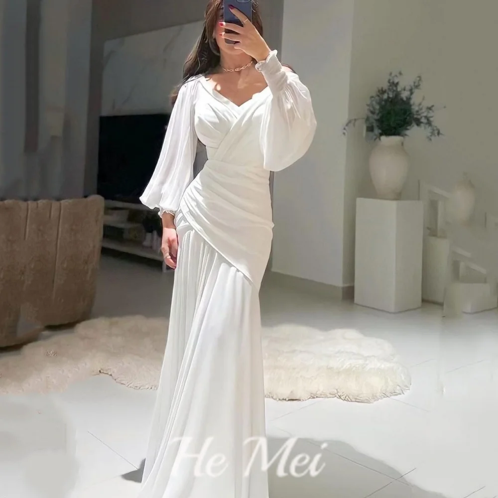 Elegant Prom Dress For Women Simple V Neck Lantern Sleeve Evening Gowns Mermaid Floor Length Party Dresses فساتين سهرة