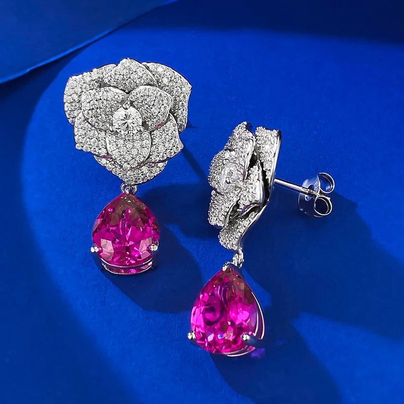 2023 New S925 Silver Full Diamond Camellia 9 * 11 Rose Earrings Women's Exquisite Versatile Style