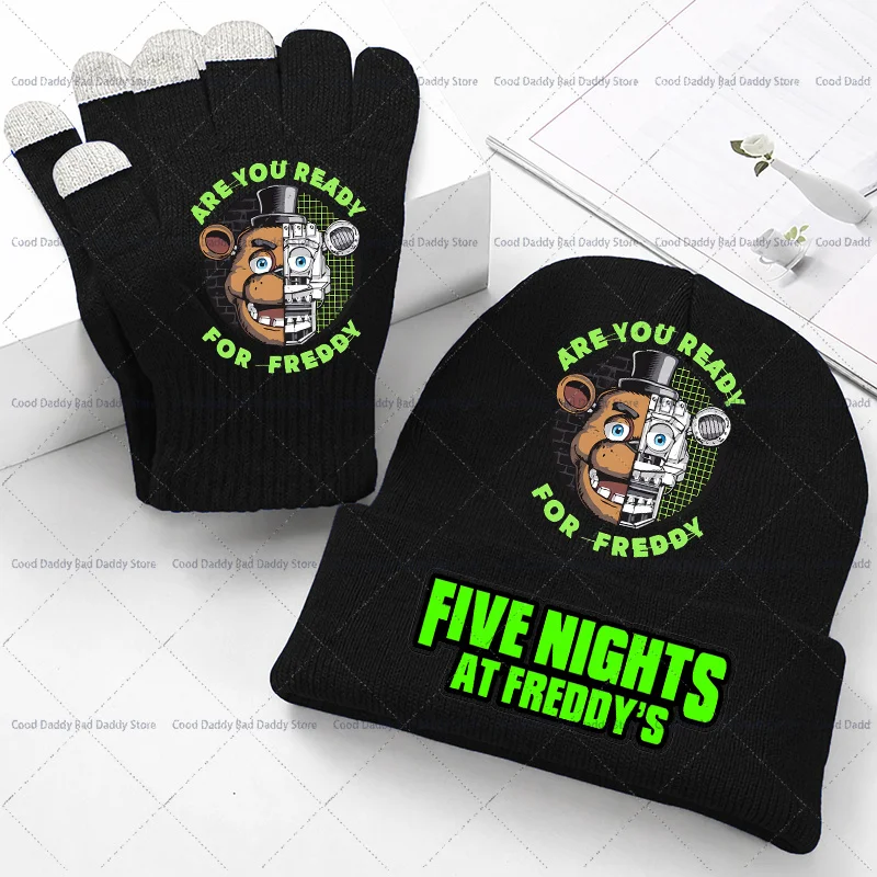 2PCS Anime Printed Knit Cap Gloves Winter Accessories Five Night At Freddys Cute Knitted Hat Glove Set Cartoon Birthday Gifts