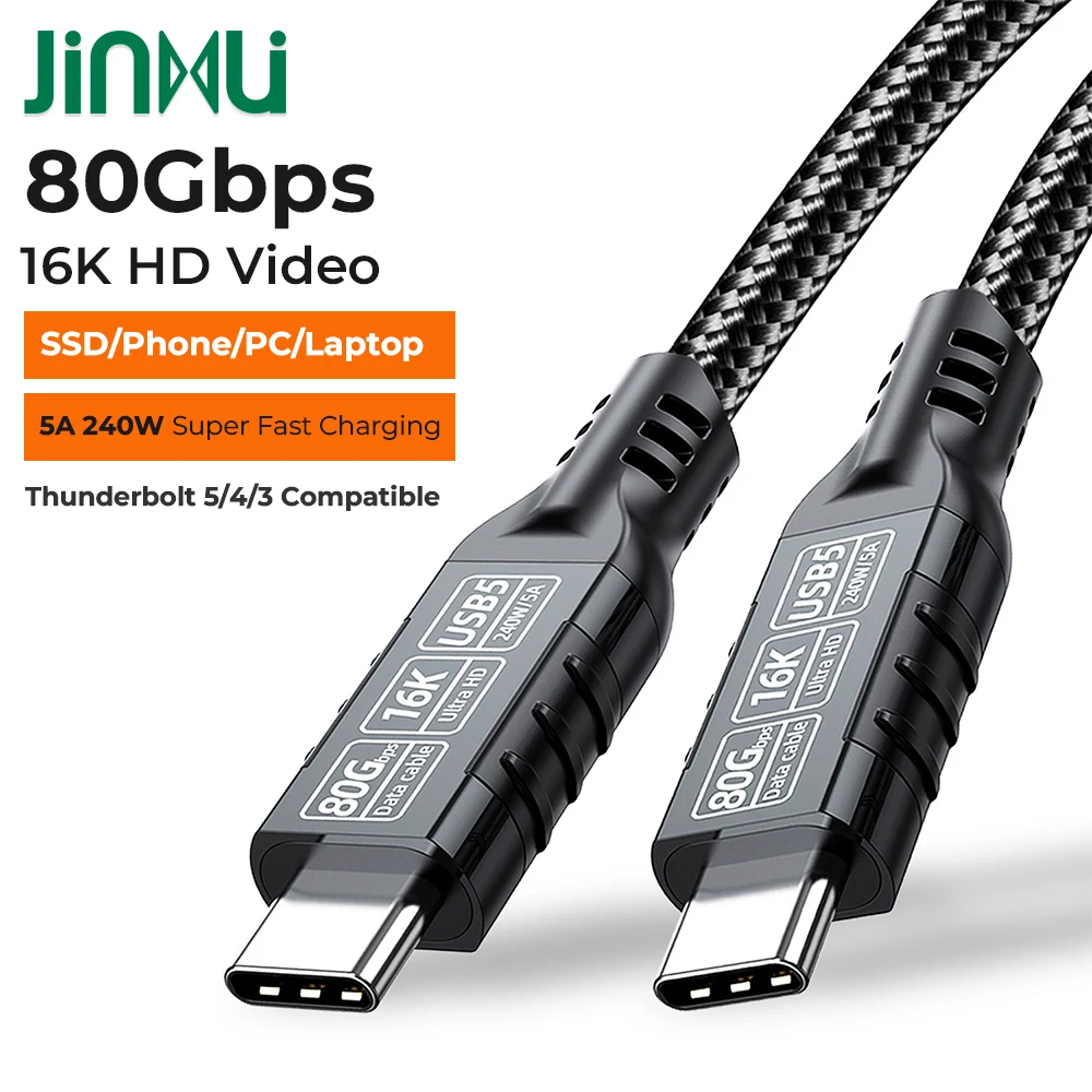 USB Type C Cable PD240W Fast Charging Thunderbolt 5 80Gbps Data Transfer 16K/8K Video Wire 1m 2m 3m for iPhone 16 17 Macbook Pr