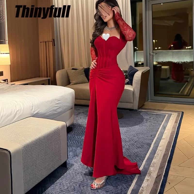 

Thinyfull Mermaid Satin/Lace Arab Prom Dress Full Sleeves Sweetheart Evening Dresses 2026 Long Gown Robe De Soirée Customized
