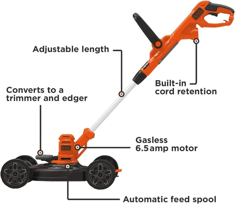 BLACK+DECKER 3-in-1 Corded Lawn Mower, String Trimmer & Edger, 12-Inch (BESTA512CM)