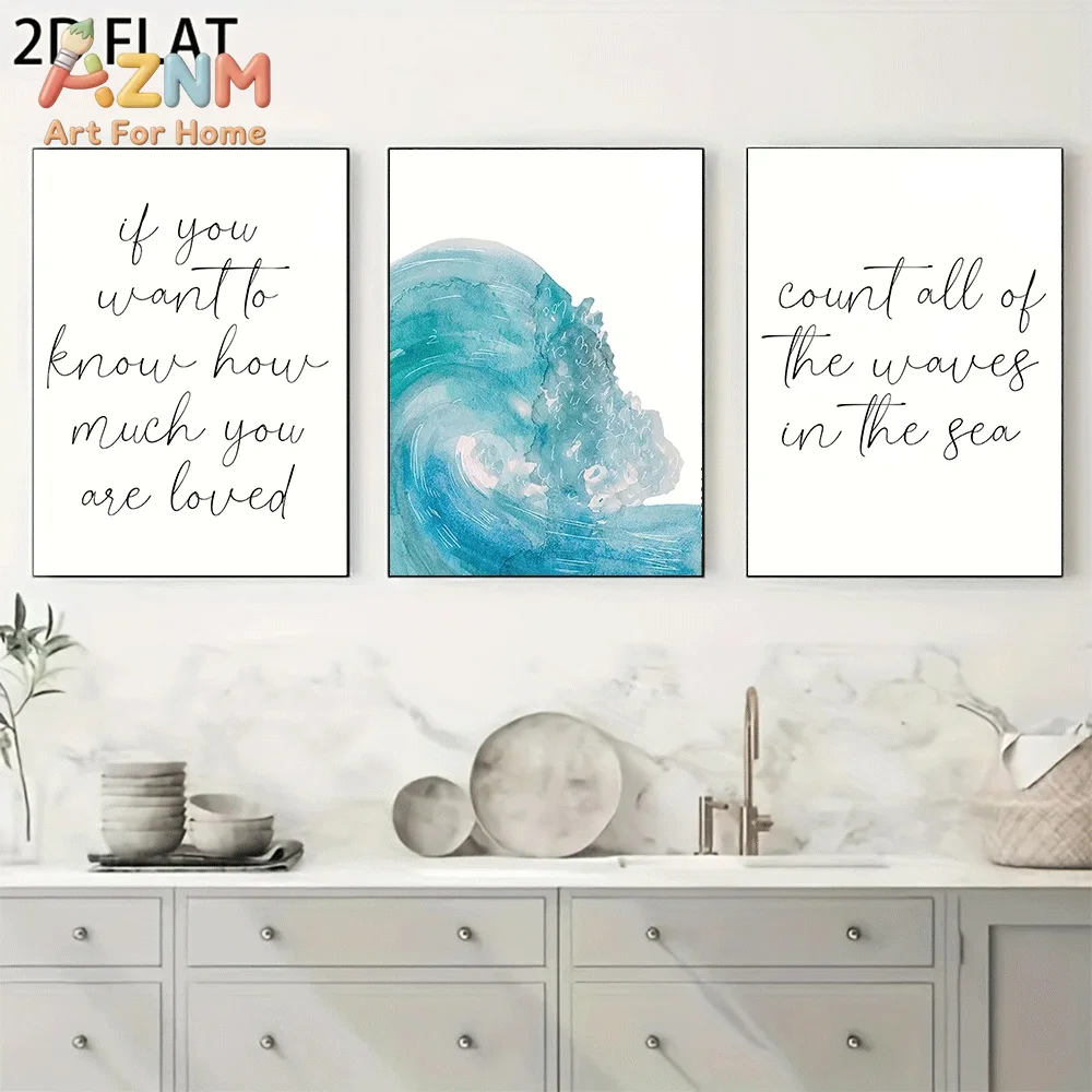 AZNM Watercolor Blue Ocean Wave Quote Text Canvas Wall Art, Minimalist Nautical Sea Inspirational Handwritten Letter Illustratio