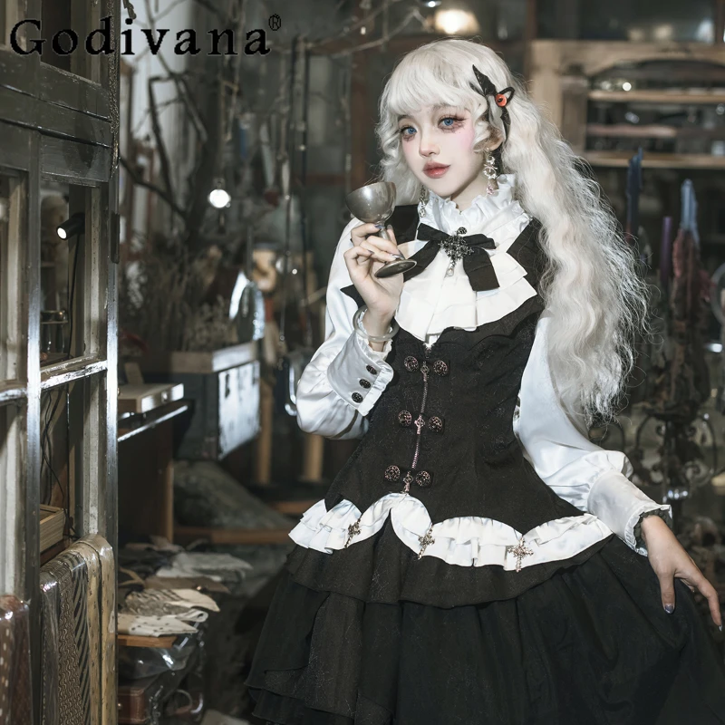 

Gothic Lolita Dress Set Women's Slim-Fit Long-sleeved Shirt Top Vest + Skirt Three-piece Set Women's Cosplay Vintage Dresses